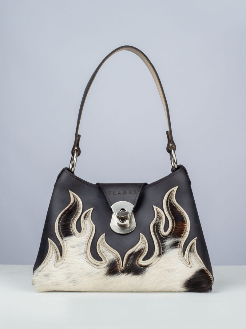 Handcrafted leather flame bag with black & white cow hide