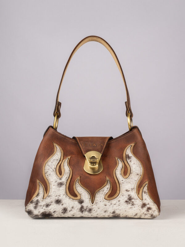 Handcrafted leather flame bag with speckled cow hide