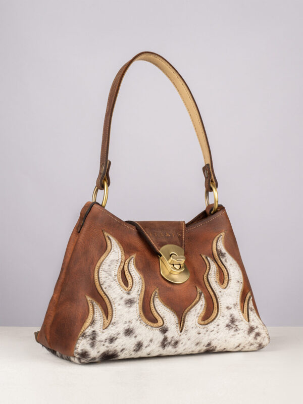 Handcrafted leather flame bag with speckled cow hide